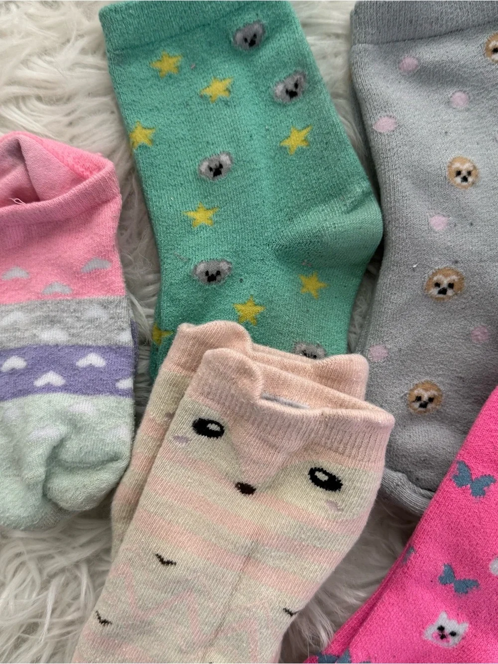 Assorted Kids Animal Patterned Crew Socks - Pink, Light Blue, Pink, Gray, Green